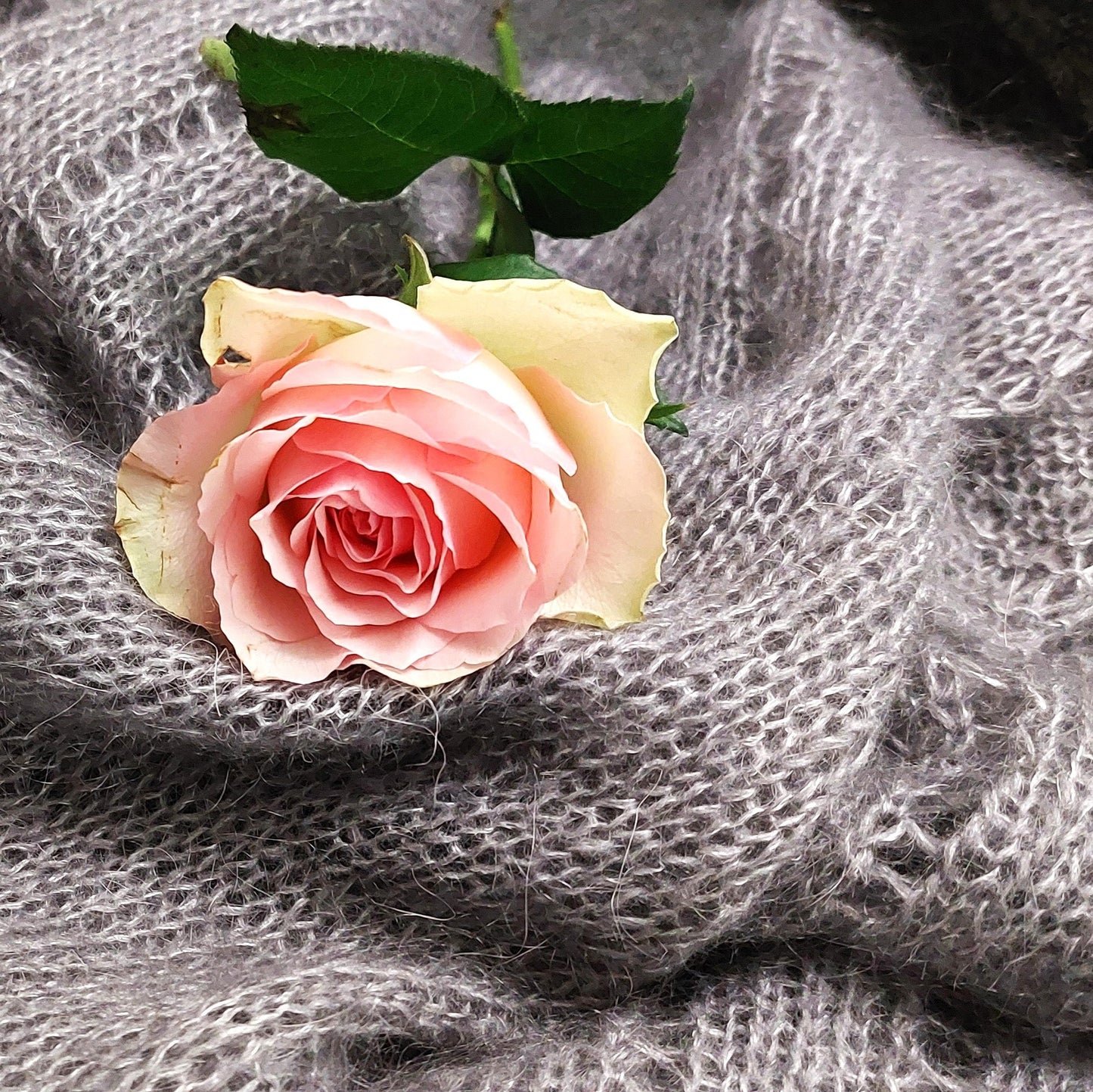 Harmaan pitsineulehuivin päällä on persikanvärinen ruusu