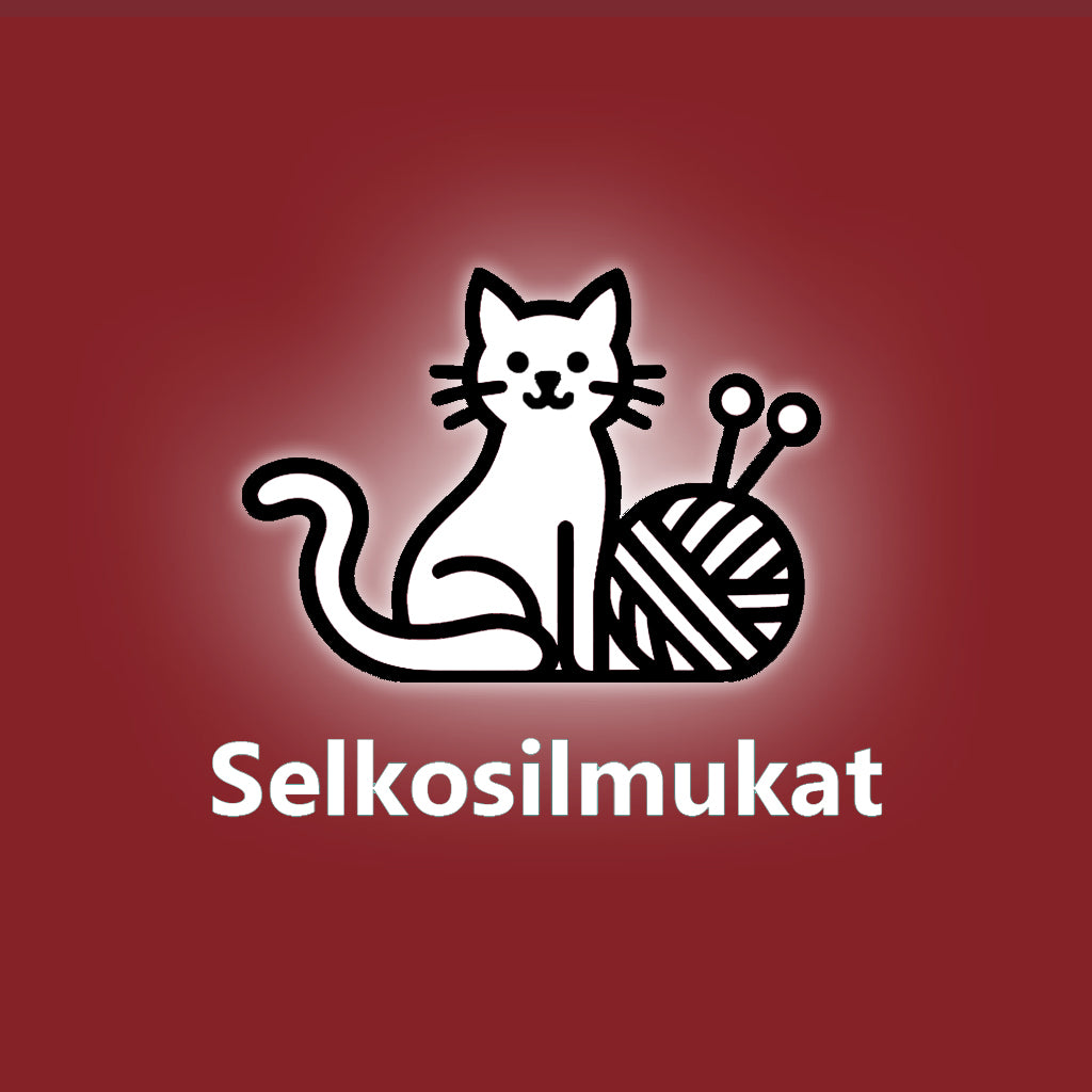 Selkosilmukoiden logo. Iloinen valkoinen kissa istuu lankakerän ja puikkojen vieressä. Kissan. lankakerän ja puikkojen ääriviivat ovat mustat Logon punaisella taustalla on valkoisella myös teksti Selkosilmukat.