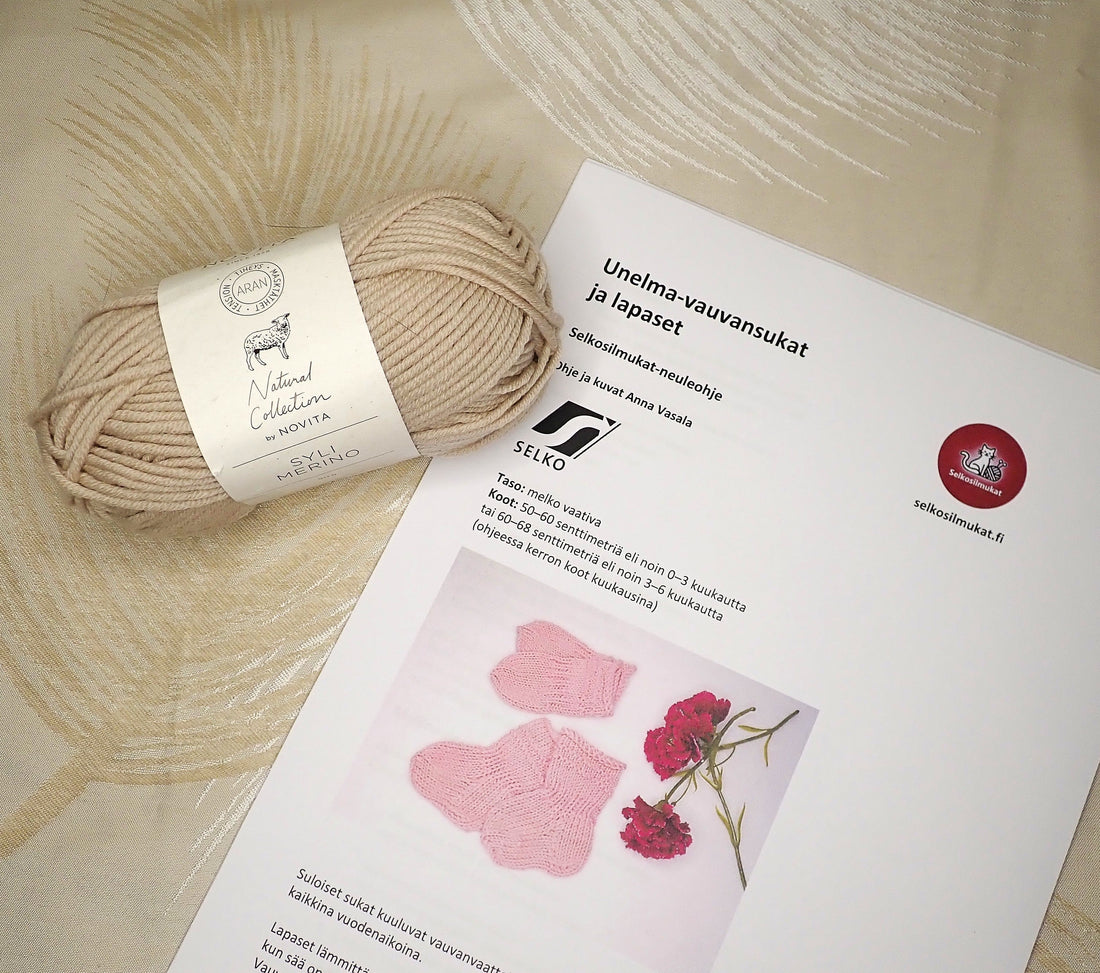 Kerä Novitan Syli Merino -lankaa ja Unelma-vauvansetin ohje printtinä.