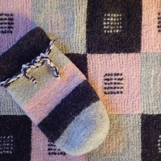 Hjertegarn Lima -langasta neulottu istuinalusta, jossa on mustia, vaaleanpunaisia ja harmaita ruutuja. Ruutujen keskellä on eri väreillä pistemäiset koristekuviot. Istuinalustan päällä vinossa on termospullon suojus, jossa samat värit toistuvat leveinä raitoina. Suojuksen yläreunassa on punottu kiristysnaru.