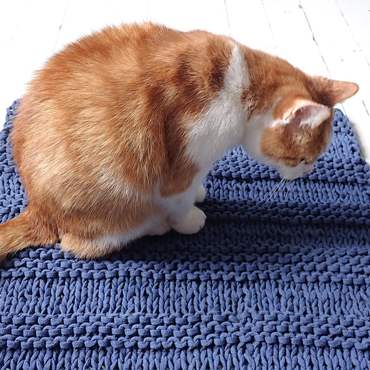 Oranssivalkoinen kissa istuu sinisen ontelokuteesta neulotun maton päällä. Maton pinnan kuviot muistuttavat aaltoja.