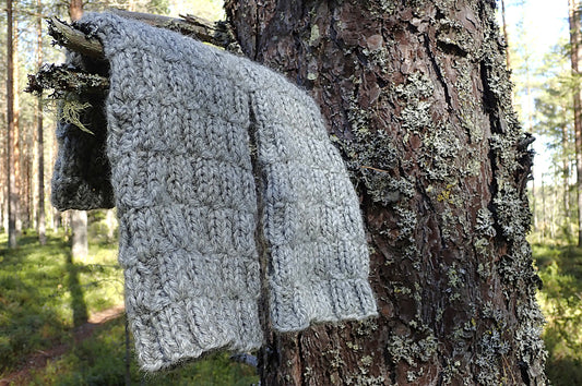 Harmaat säärystimet roikkuvat kuusen oksasta. Säärystimien pintaneule muistuttaa punotun korin kuviota. Taustalla havumetsässä paistaa aurinko.